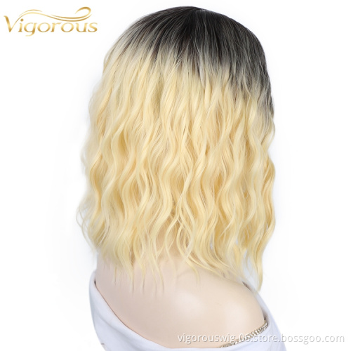 Ombre Black Blonde Water Wave Cheapest Price Bob Cut Glueless Curly Short Synthetic Hair Wigs For Black Women